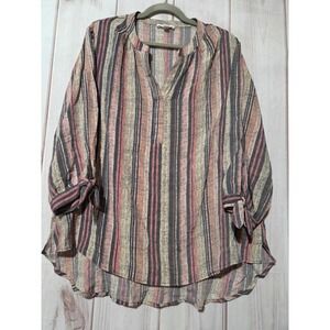 Palm Rio Womens XL Striped V-Neck Tunic Blouse Pink Grey Tie Sleeve High Low Hem